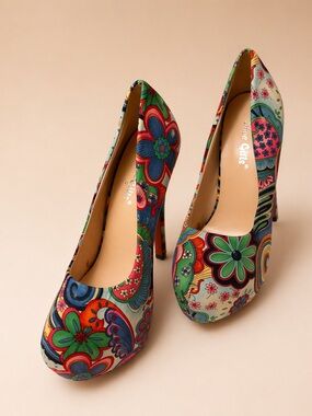 Platform High Heels in Multicolor Floral Print - Unbranded